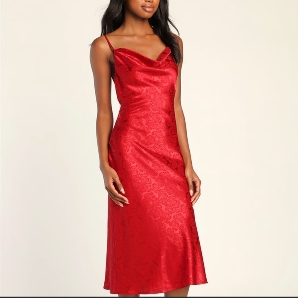 NWT LULU’S You're My Type Red Satin Jacquard Midi Slip Dress women size M